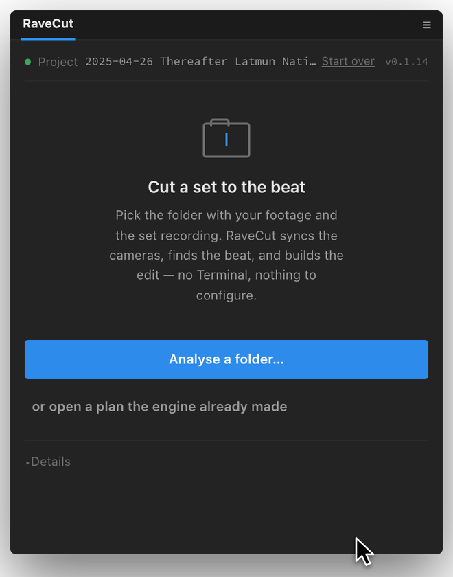The RaveCut panel in Premiere Pro, ready to analyse a folder